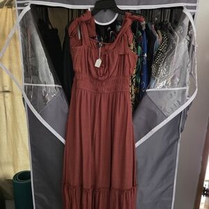 Women's Sleeveless Tie Sleeves Rust Beach BOHO Dress Full Skirt